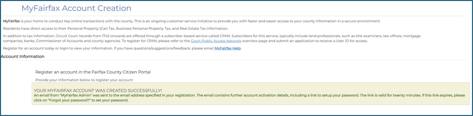 Example of Account Creation Success Page