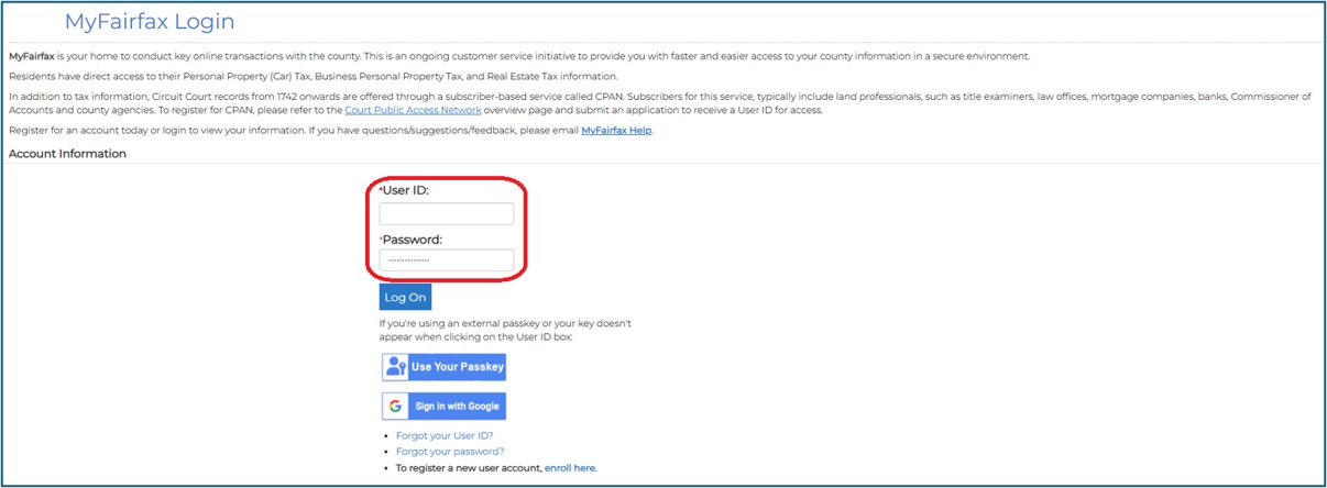 Screenshot of MyFairfax Login Screen