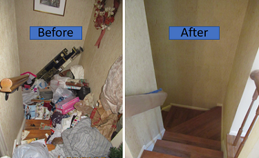stairs before and after trash is cleaned up