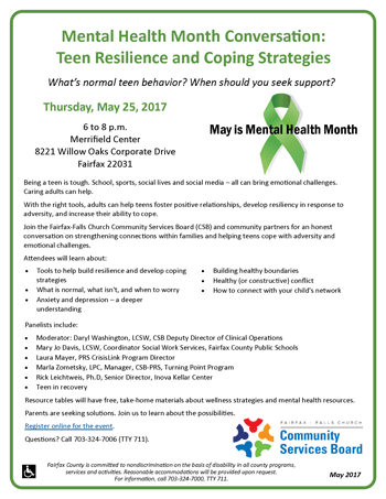 Image of flier for Mental Health Month Conversation event