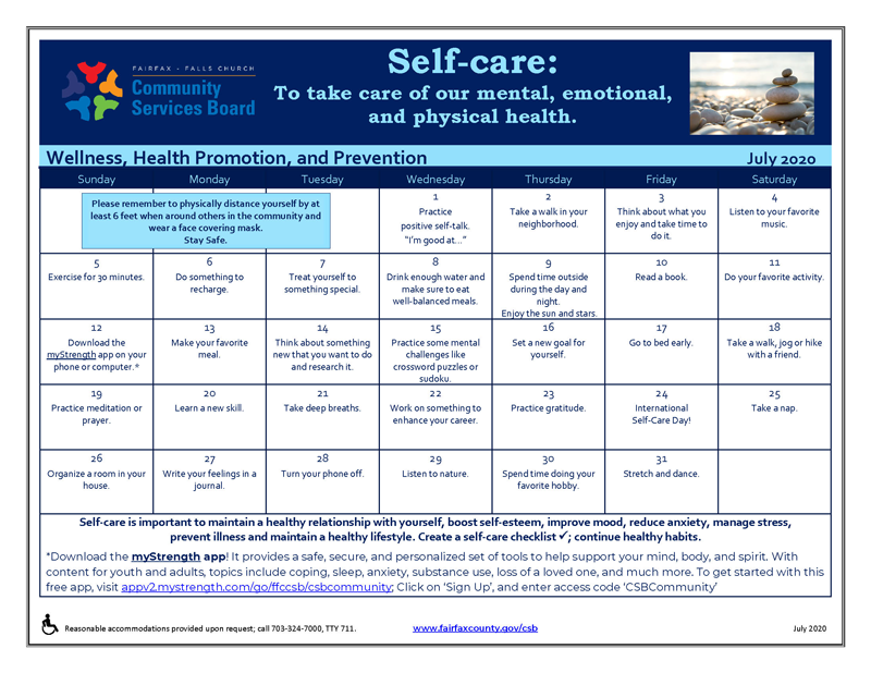 July wellness activities calendar