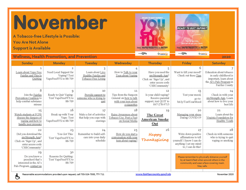 November wellness activities calendar