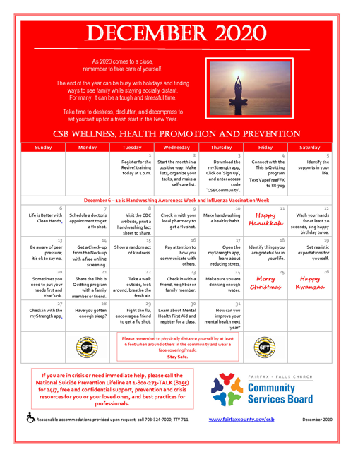 December Wellness Activities Calendar Community Services Board