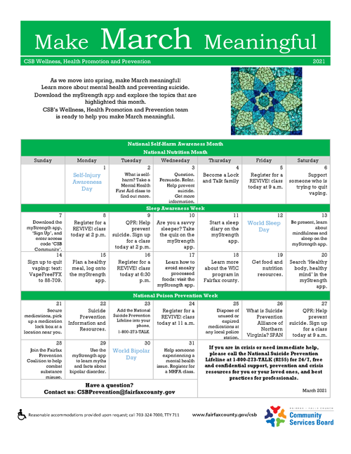 March Wellness Activities Calendar Community Services Board