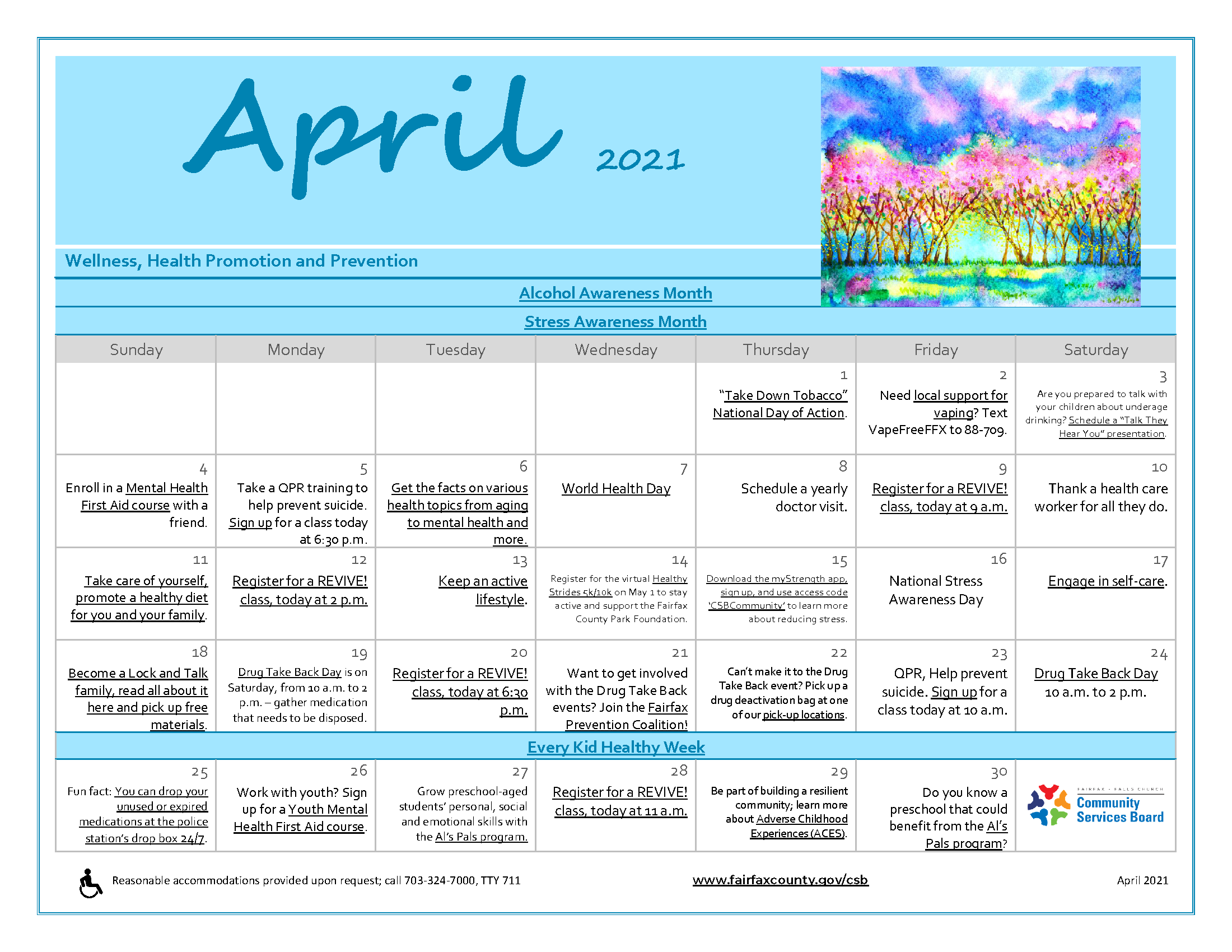 April wellness activities calendar