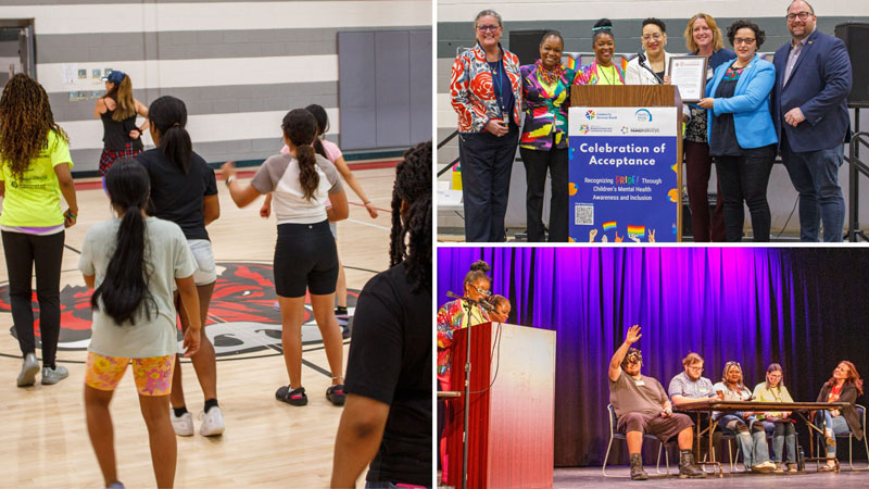 a collage with young people dancing in one picture, seven county leaders together on a podium, and a panel discussion on a stage with a curtain behind them making up the images