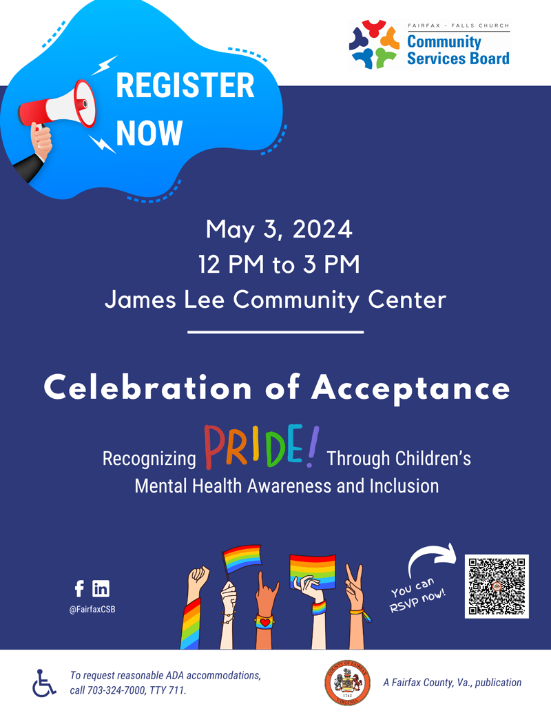 A blue poster with an image of a megaphone suggesting to Save the Date of May 3, 2024, for a Fairfax County Celebration of Acceptance.