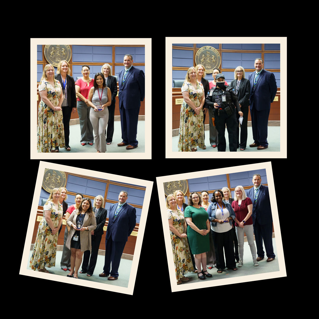 collage of groups of individuals smiling and displaying their award certificates at a ceremony