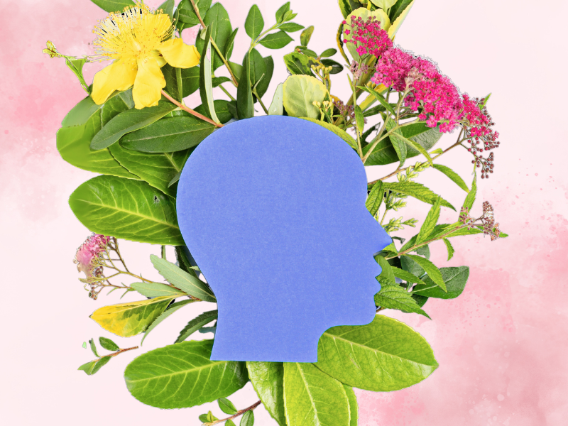 The outline of a head with flowers and leaves around it.
