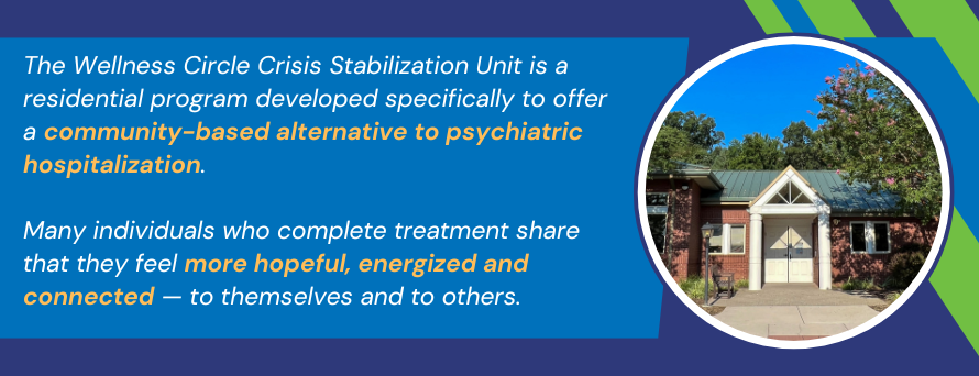 The words The Wellness Circle Crisis Stabilization Unit is a residential crisis stabilization program developed specifically to offer a community-based alternative to psychiatric hospitalization. Many individuals who complete treatment share that they feel more hopeful, energized, and connected - to themselves and to others.