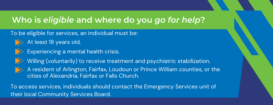 The words To be eligible for services, an individual must be, At least 18 years old, Experiencing a mental health crisis, Willing (voluntarily) to receive treatment and psychiatric stabilization. and A resident of Arlington, Fairfax, Loudoun or Prince William counties, or the cities of Alexandria, Fairfax or Falls Church. To access services, individuals should contact the Emergency Services unit of their local Community Services Board.