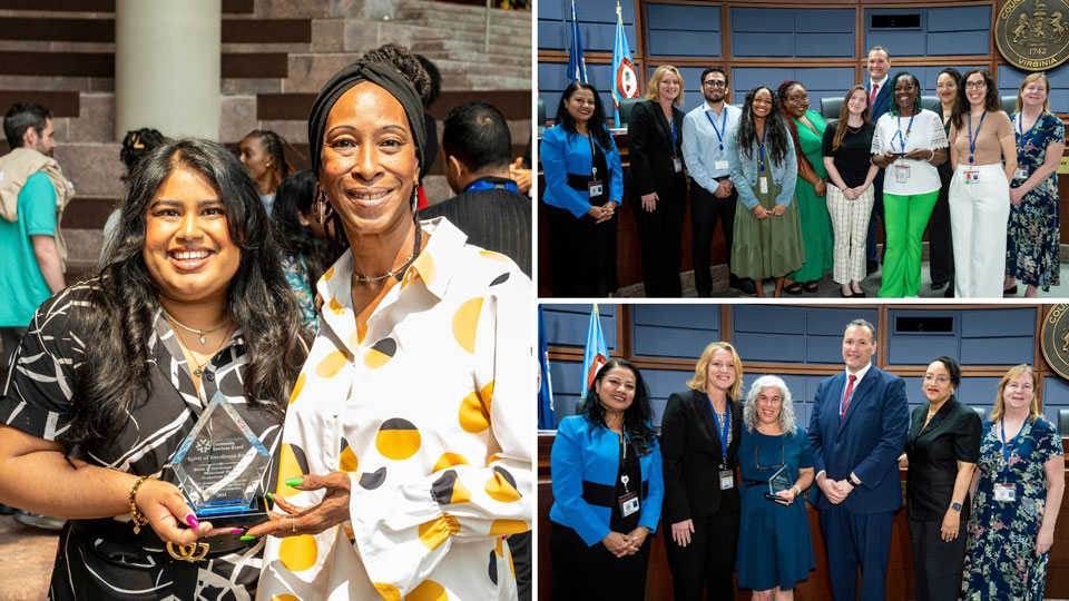 Collage of groups of individuals smiling and displaying their award certificates at a ceremony
