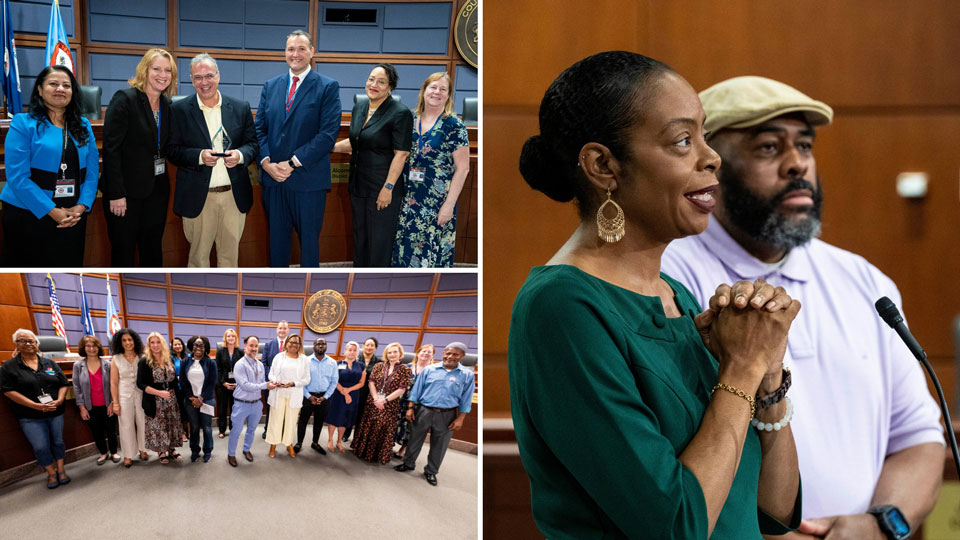 Collage of groups of individuals smiling and displaying their award certificates at a ceremony