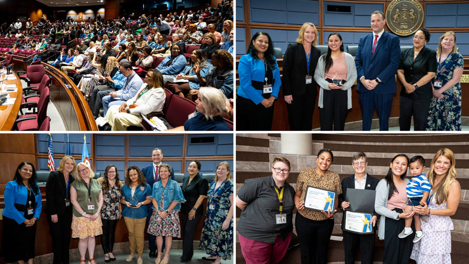 Collage of groups of individuals smiling and displaying their award certificates at a ceremony