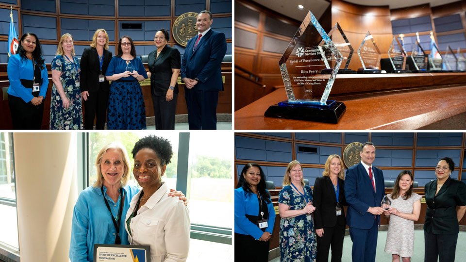 Collage of groups of individuals smiling and displaying their award certificates at a ceremony