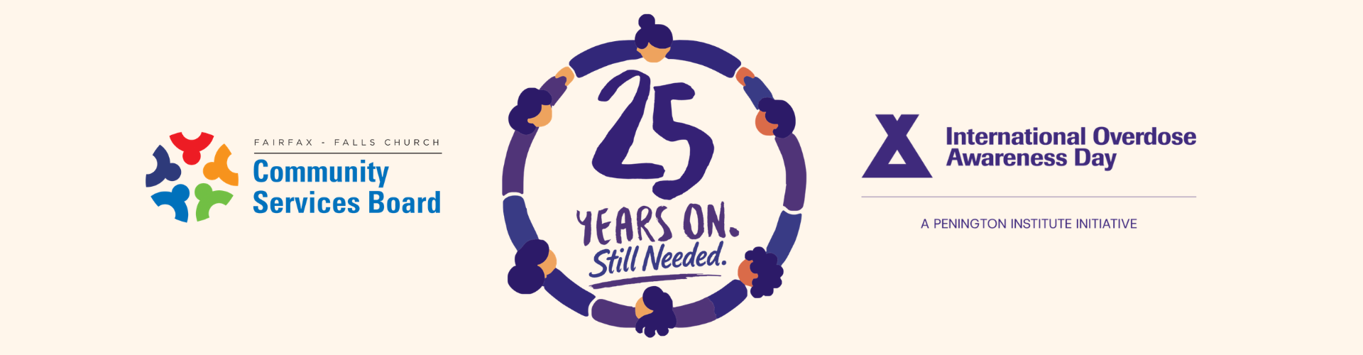 Banner that reads "25 Years On. Still Needed." with a circular graphic of people holding hands around the text. The CSB and IOAD/Penington Institute logos appear on either side.