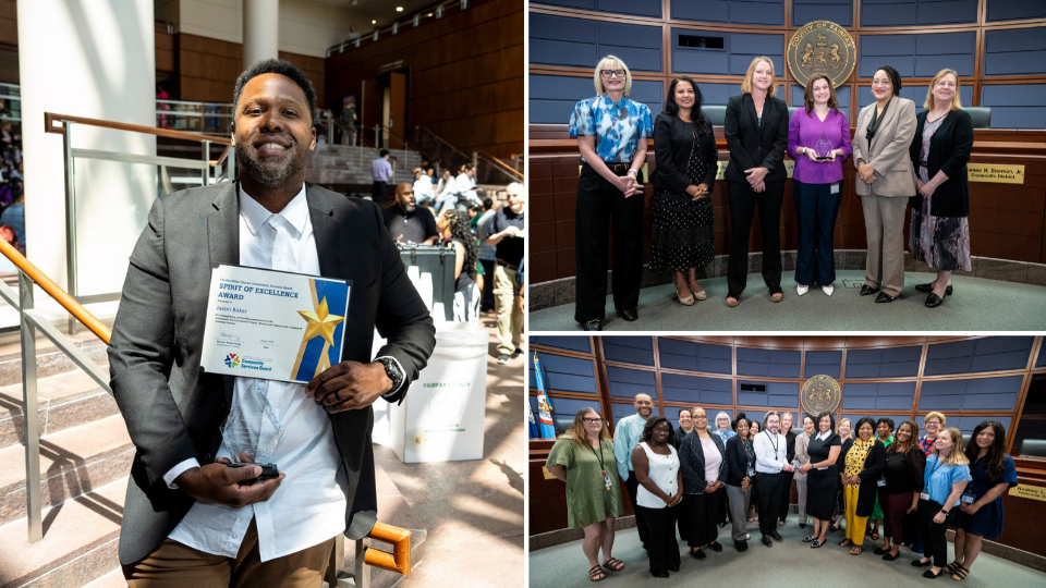 People stand and smile at the Government Center with their SOE awards