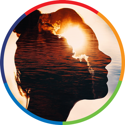 A double photo exposure illustration with the outline of an adult head as they look up with sunlight breaking through from clouds appearing within it.