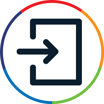 Graphic icon of an arrow pointing through a door.