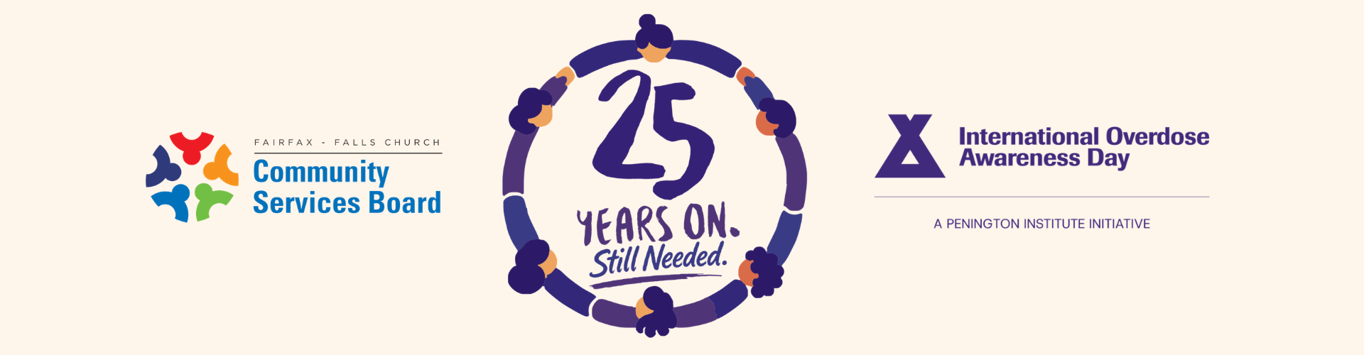 Banner image showing an illustration in the center of people holding hands around the words: "25 Years On. Still Needed." The CSB logo, IOAD, and Penington Institute logos flank it on either side.