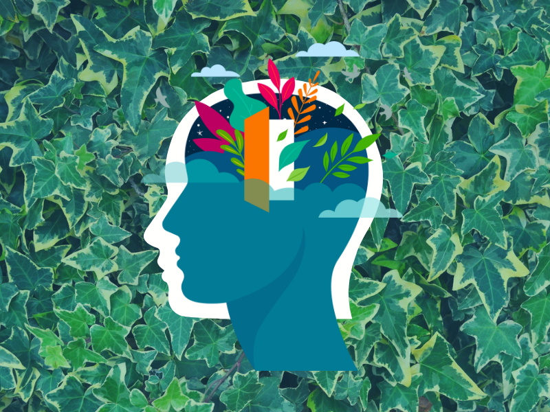 An illustrated head with birds and plants springing from the top.