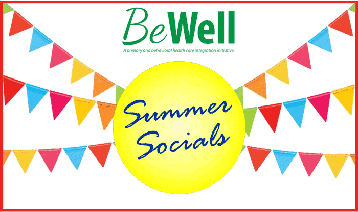 Summer socials graphic with sun and pennants
