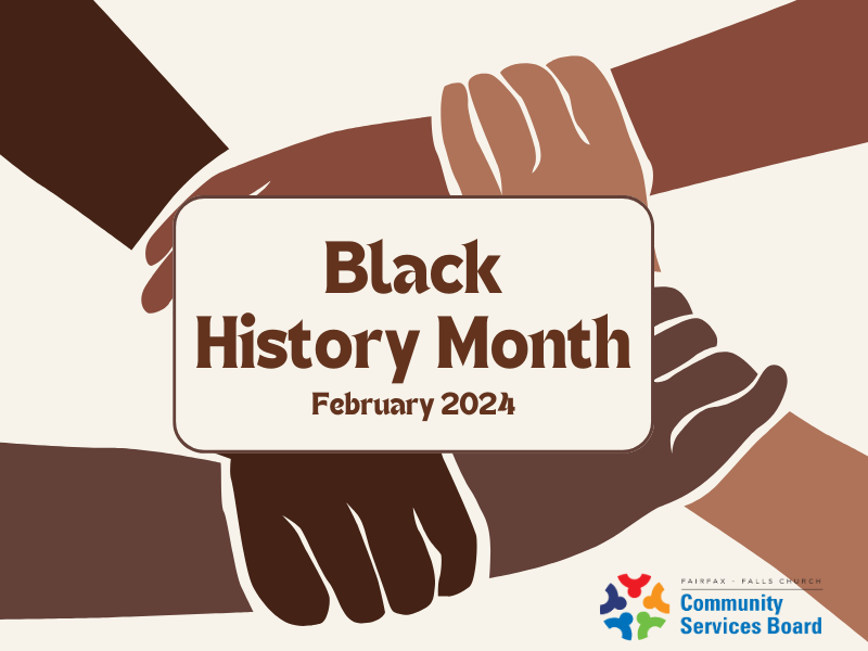 illustration of four interlocking hands with the words Black History Month February 2024