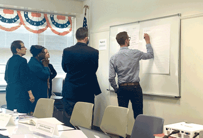 Photo of people working around a white board