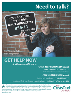 Image of crisis text hotline poster in English