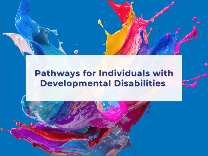 "Pathways for Individuals with Developmental Disabilities" written over a background of a paint splatter in bright pinks, blues, and yellow.