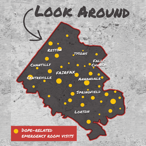 Map of Fairfax County with dots representing numbers of overdoses
