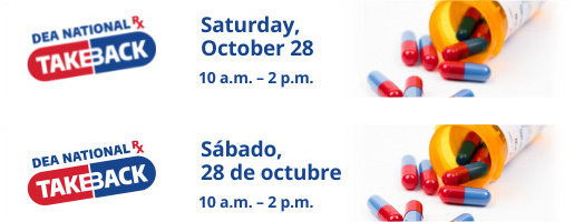 October 28, 2023, Drug Take Back Day logo in English and Spanish