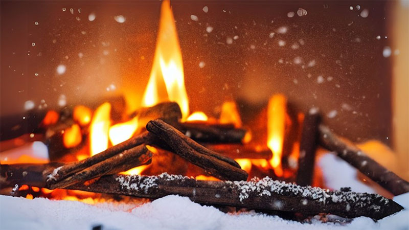 A wood campfire burns amid falling snow.