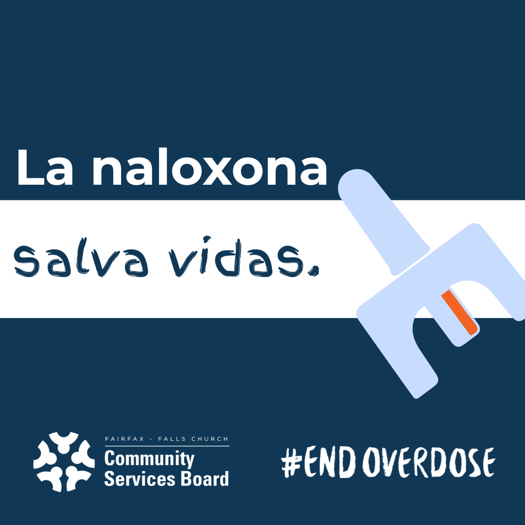 Texto blanco y azul marino sobre un fondo azul marino y blanco que dice: «La naloxona salva vidas». En la parte de abajo están el logotipo de la Junta de Servicios Comunitarios y la etiqueta #EndOverdose. Junto al texto hay una imagen de un dispositivo de aerosol nasal de naloxona.