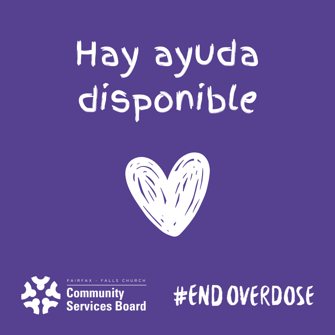 Texto blanco sobre un fondo morado que dice: «Hay ayuda disponible». En la parte de abajo está el dibujo de un corazón, así como el logotipo de la Junta de Servicios Comunitarios y la etiqueta #EndOverdose.
