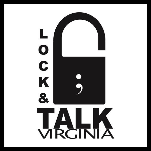 A logo for the Lock and Talk Virginia program featuring a graphic of an open padlock with a semi-colon inside and the program wordmark surrounding the graphic.