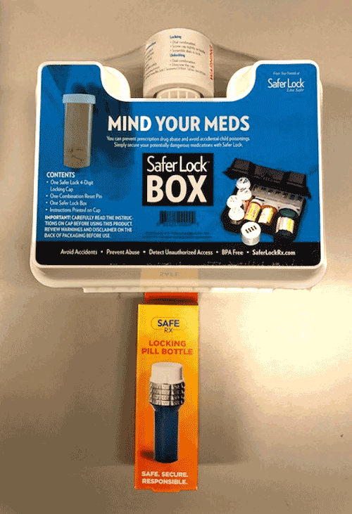 Medication lock box and locking pill bottle.
