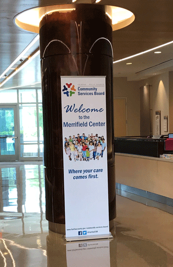 Merrifield Center main lobby welcome sign