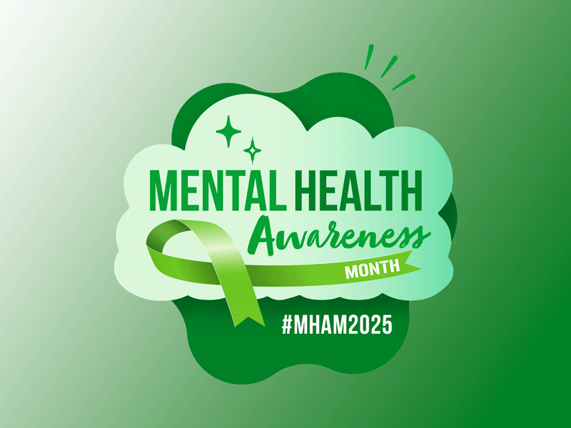 The words Mental Health Awareness Month #MHAM20025 alongside a green ribbon.