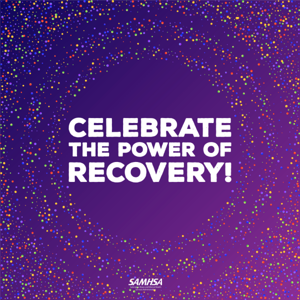 Bold white text on a purple background reads "Celebrate the power of Recovery!"