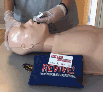 Photo of demonstration administering naloxone on a dummy