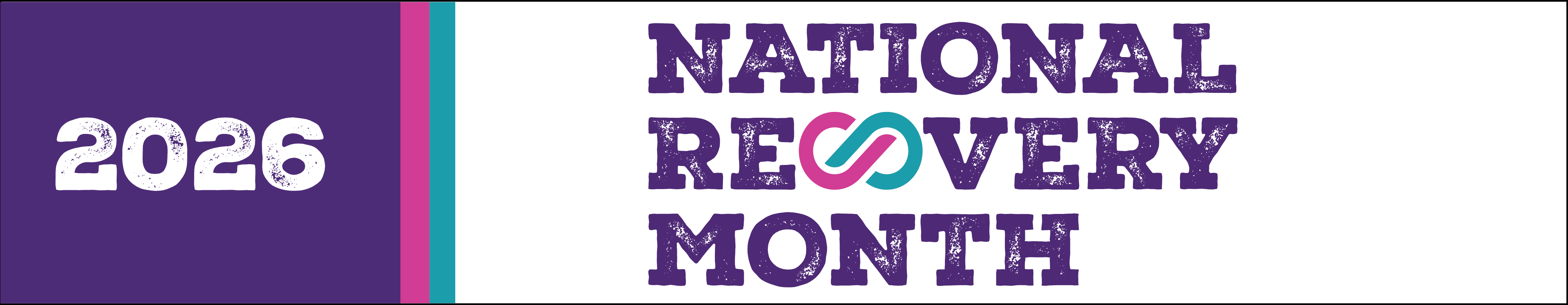 Banner that reads "2026 National Recovery Month" in bold text. Blocks of purple, pink, and teal appear on the lefthand side.