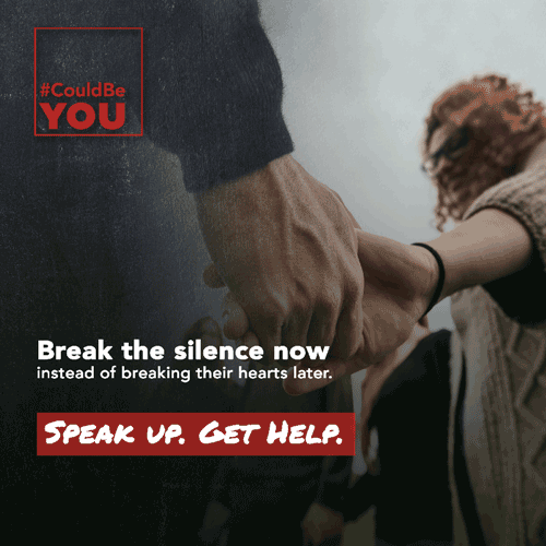 Photo of people holding hands with message speak up get help