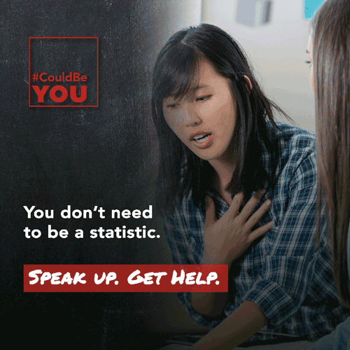 Photo of woman talking with message speak up get help