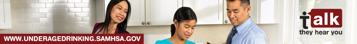 Photo of family making dinner, with logo for "Talk. They hear you." campaign