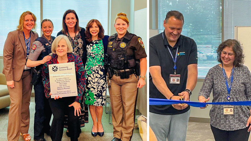 two images side-by-side with a man and a woman cutting a ceremonial ribbon in one image, and the other with six women standing together holding a plaque with four of the women in business dress and the other two in law enforcement uniforms