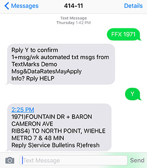 Example of Fairfax Connector Text Message