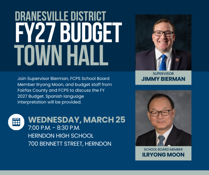 Dranesville District FY 2027 Budget Town Hall in Herndon with Supervisor Jimmy Bierman and School Board Member Ilryong Moon