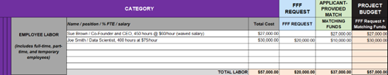 FFF Budget worksheet example