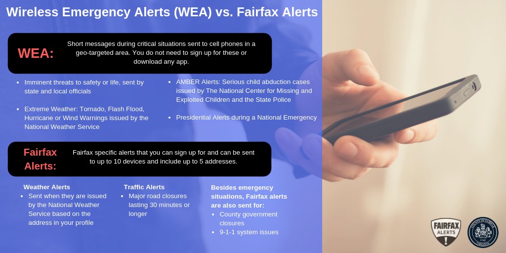 WEA = Short Messages, No Sign Up; FFX Alerts = Local Alerts, Sign Up Needed